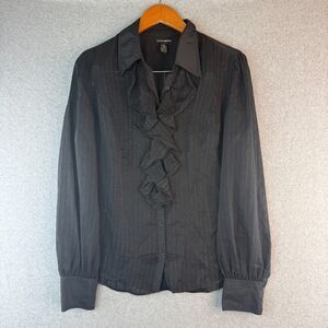 Vintage Lucky Brand Long Sleeve Button Up Silk Blouse Ruffled Neck Hem Size L